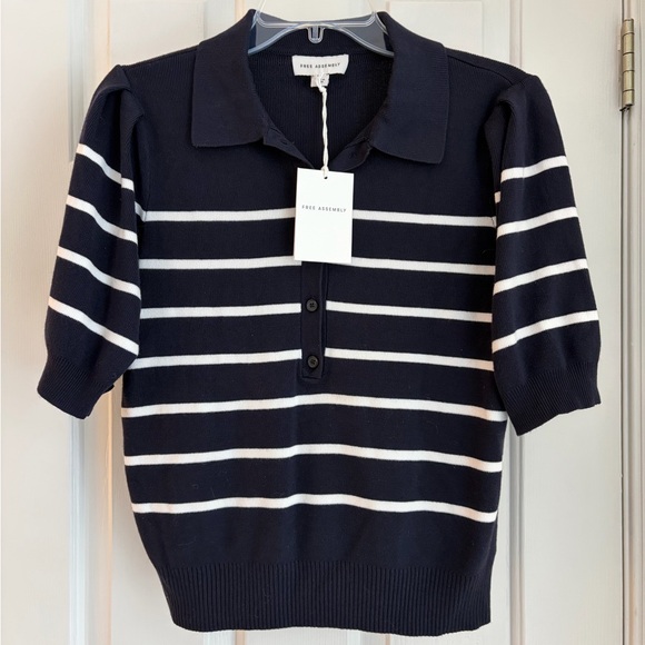 Free Assembly Sweaters - Navy and White Striped V-Neck Sweater by Free Assembly